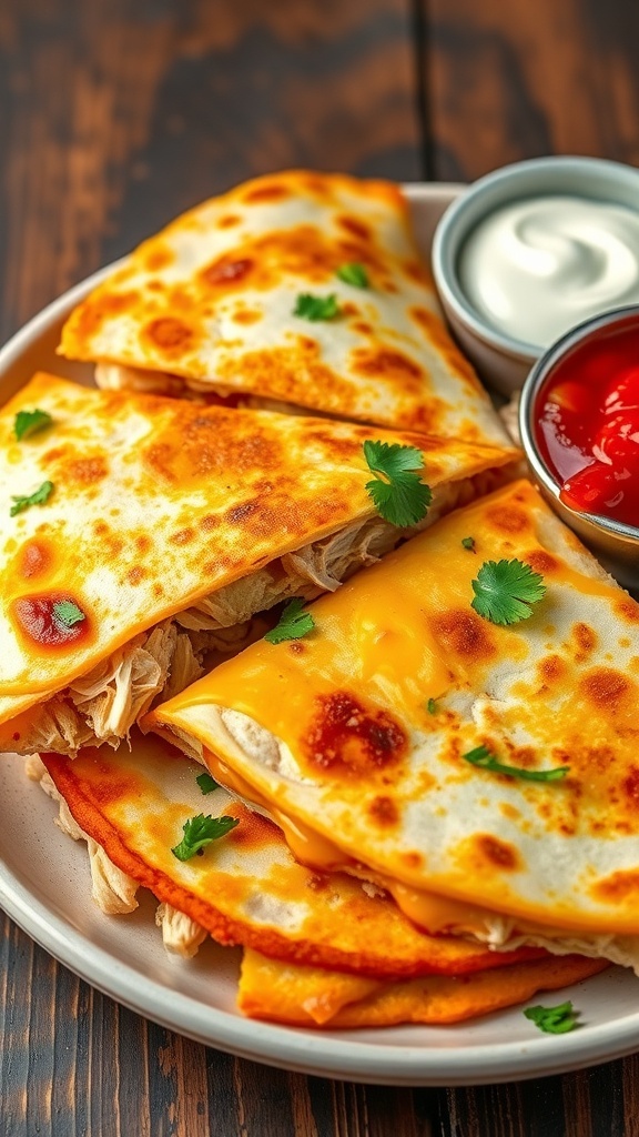 Cheesy chicken quesadilla cut into wedges, served with salsa and sour cream on a rustic table.